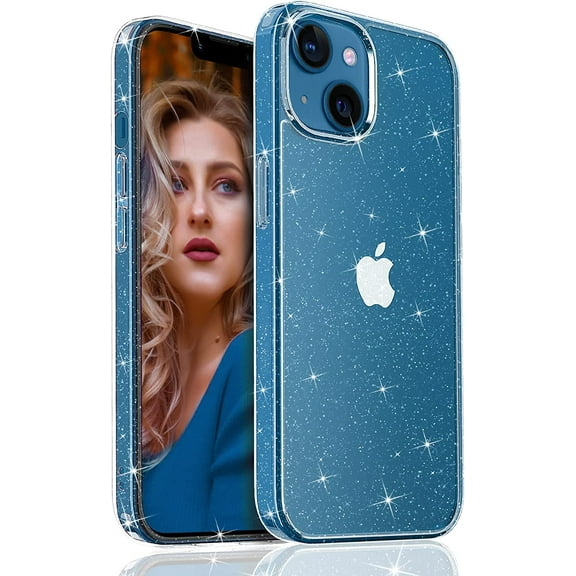 Meifigno Compatible with iPhone 13 Glitter Case, Shockproof Protective [Non Yellowing] Slim Hard Case for Women Girls 6.1 inch, Sparkle Clear