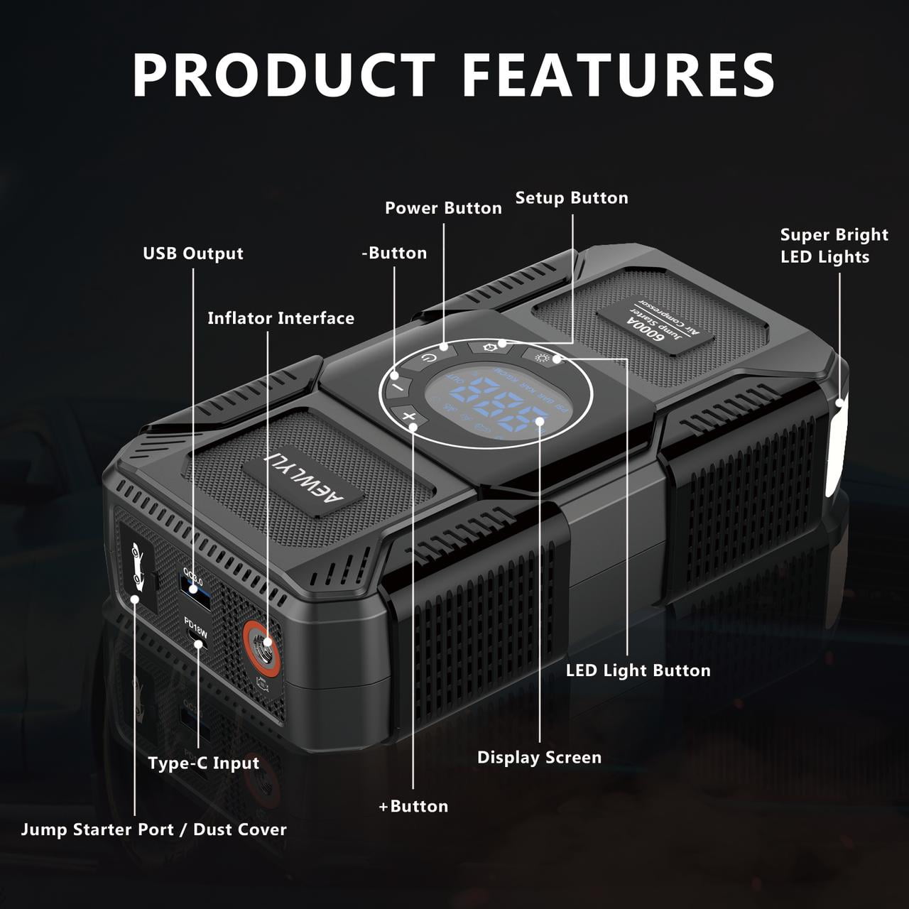AEWLYLI Portable Car Battery Jump Starter with Air Compressor, 6000A 12V Jump Box, 150PSI Tire Inflator, LCD Display, LED Light, for Up to 9.0L Gas & 8.0L Diesel Vehicles