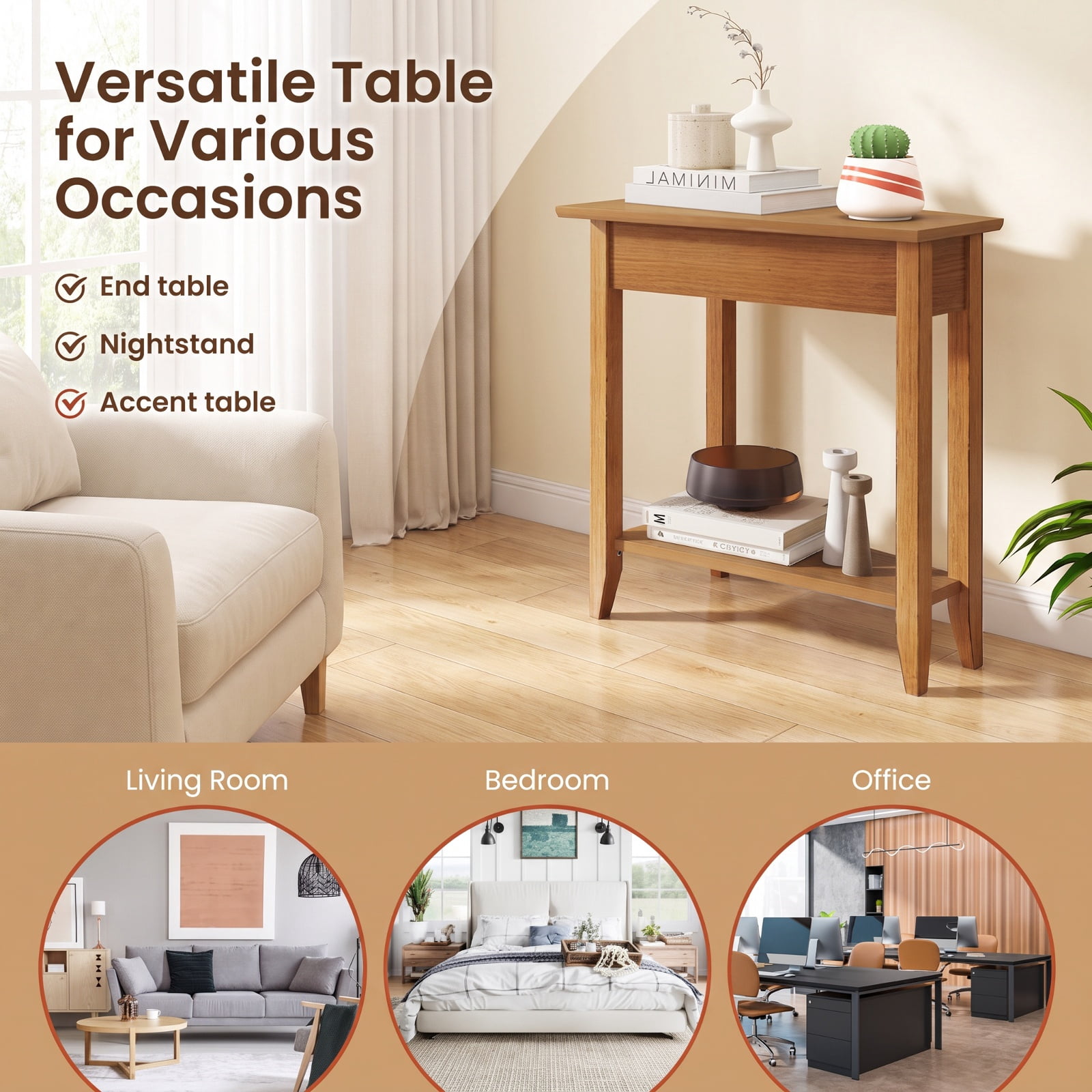Furnibear 2 Tier Wedge Narrow End Table with Storage Shelf and Solid Rubber Wood Legs for Small Spaces and Sofa Side, Walnut