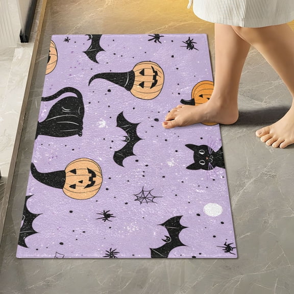 Yayeee Bath Rug for Bathroom Floor Non Slip Rectangle Fluffy Soft Absorbent Mat, 16"x24", Light Purple Halloween Black Cat