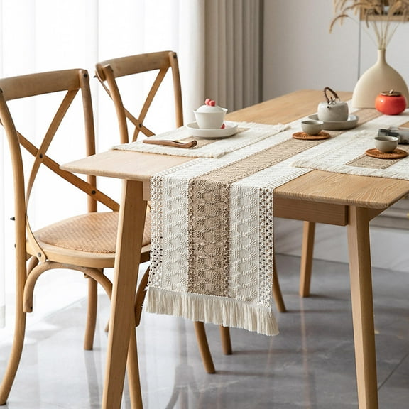 ELAYARD Minimalist Beige Linen Table Runner with Fringe for Home Table Cover and Special Event Decoration