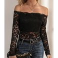 thumbnail image 4 of Women Lace Trim Off Shouder Top Long Sleeve Double Lined Y2k Trendy T Shirts, 4 of 7