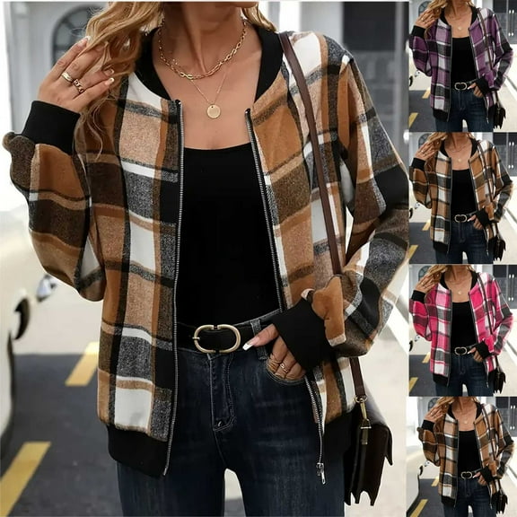 DDAPJ pyju Womens Bomber Jacket Plaid Print Zip Up Casual Jackets Lightweight Trendy Outerwear Coat Brown XL
