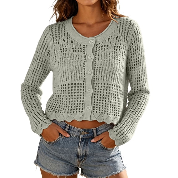 PBFRDSJ Long Sleeve Cardigan for Women Knit Crochet Button Down Sun Protection Cover Up Trendy Summer Sweaters for Casual Vacation