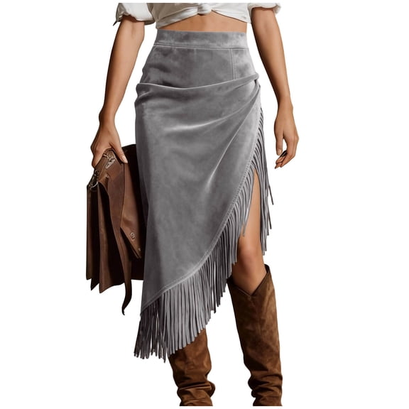 Stamzod Womens Boho Fringe Faux Suede Skirts 2026 Trendy Casual Slit High Waist Western Cowgirl Long Skirt Gray L
