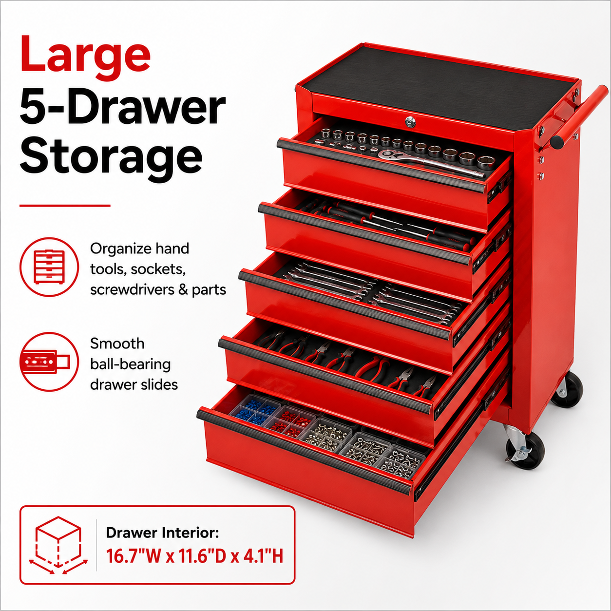 Seizeen 5-Drawer Roller Tool Box, Lockable Metal Storage on Wheels