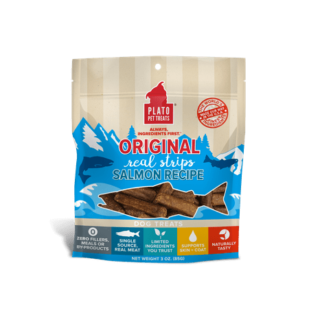 UPC: 0850002221497 | Plato Original Real Strips Salmon Recipe Dog Treats 3 Oz.