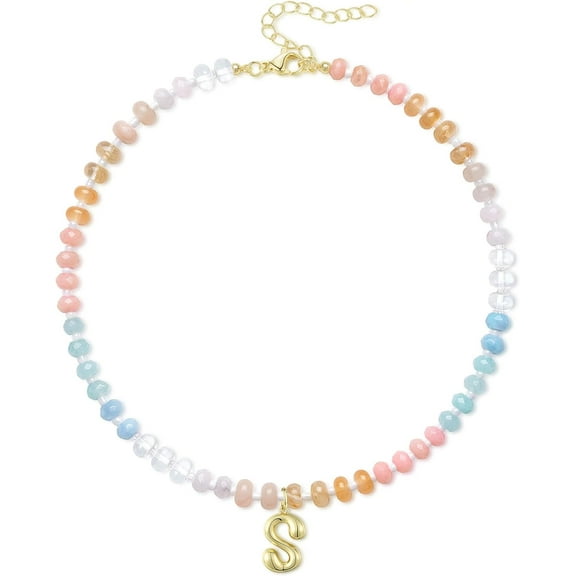 Women's A-Z Alphabet Necklace, Colorful Beaded Gemstone Gold Bubble Letter Pendant Necklace Summer Beach Handmade Jewellery