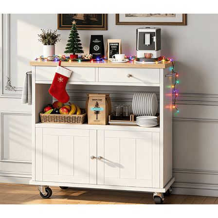White Kitchen Island Cart with Drop Leaf Breakfast Bar, Locking Wheels & Storage - 35.4"W Mobile Kitchen Cart with Cabinet, 2 Drawers & Towel Rack