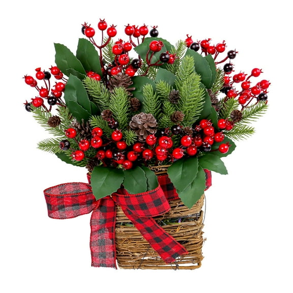 NICKSUN Wall Hanging Red Berry Flowers with Basket Home Decoration, Artificial Flower Pinecone Pine in Baskets for Fall Christmas Door Garden Decorations