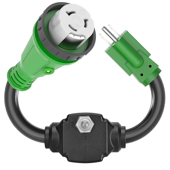 RVGUARD Overload Protector 50 Amp to 110 Volt RV Adapter Cord with Circuit Breaker, NEMA 5-15P to NEMA SS2-50R Electrical Power Adapter with LED Power Indicator, 18 Inch, Green, ETL Listed