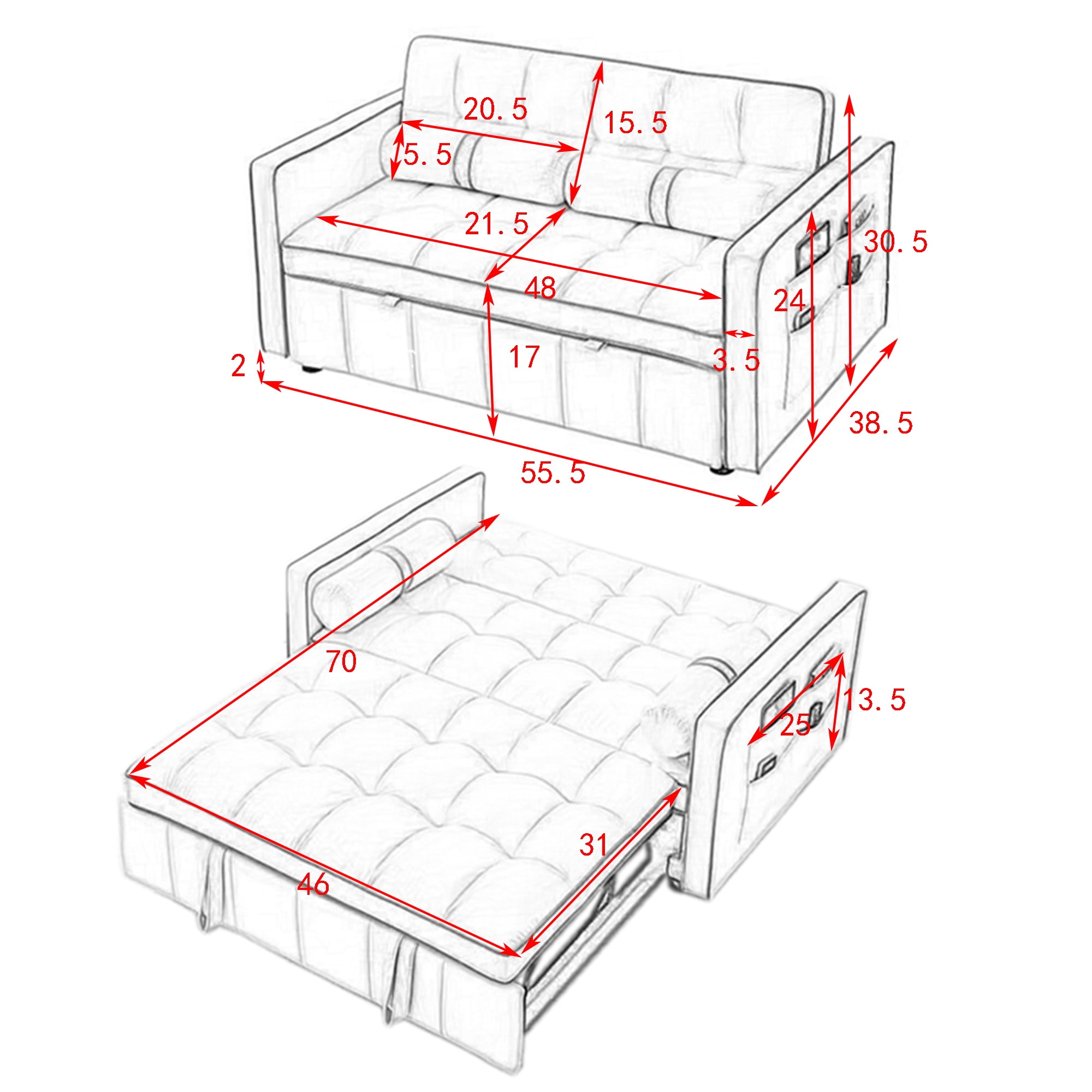 MAYEERTY 55.5" Pull Out Sleep Sofa Bed with Side Pockets & Lumbar Pillows
