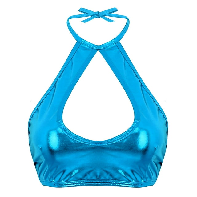 renvena Women's Shiny Metallic Keyhole Crop Top Backless Rave Bandeau Vest Bra Clunwear Metallic Light Blue One Size