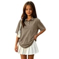 thumbnail image 2 of Girls Short Sleeve Soft Comfortable Polo Shirts Button Closure Kids School Uniform Daily Shirts Light Brown 130, 2 of 6