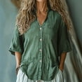 thumbnail image 2 of Women's Summer Linen Tops Half Short Sleeve V Neck Button Down Shirts Casual Loose Fit Ladies Blouses (L, Army Green), 2 of 6