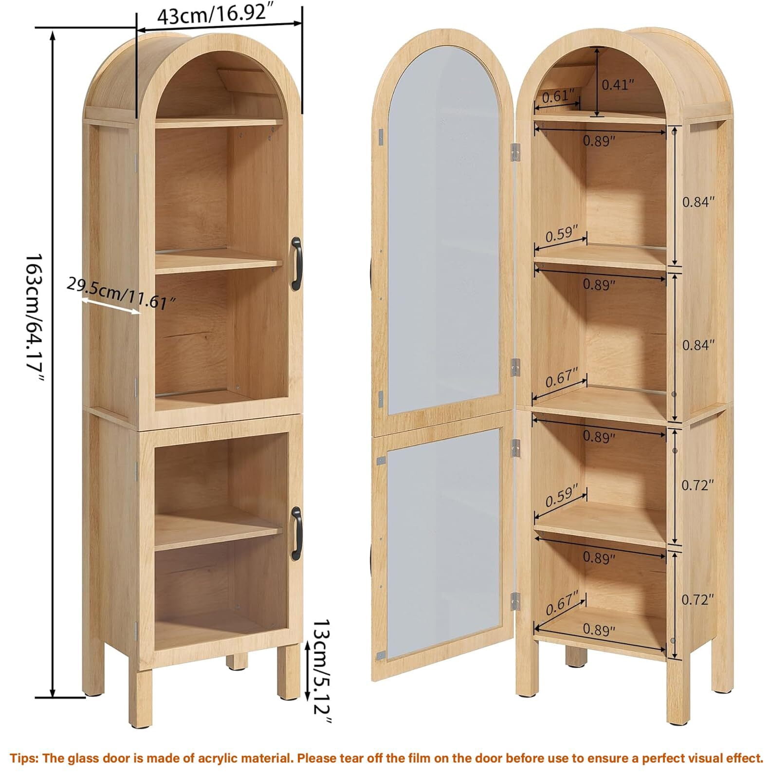 Fsbecl Tall Arched Storage Display Cabinet, Kitchen Pantry Cabinet with Doors, Wood