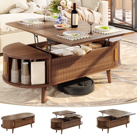 NYBOPAVIS 4 in 1 Lift Top Coffee Table with Storage, Wood Fluted Coffee Table for Living Room, Open & Hidden Storage Space, Walnut