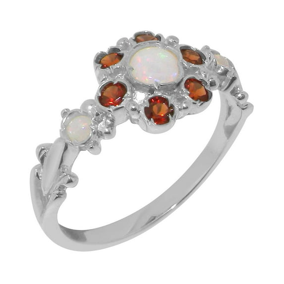 LBG British Made 925 Sterling Silver Real Genuine Opal & Garnet Womens Promise Ring - 33 size options - Size 8.25