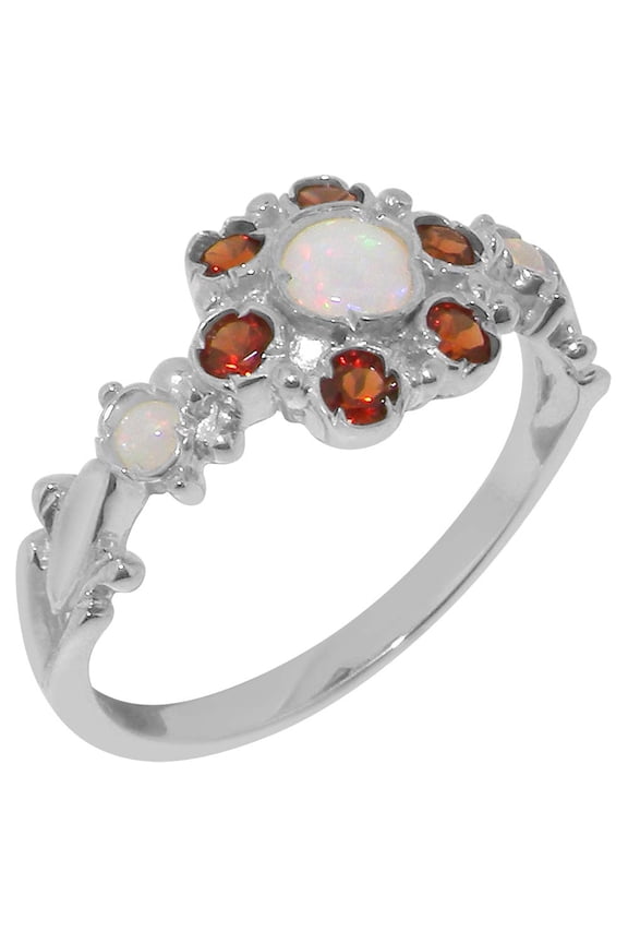 LBG British Made 14k White Gold ring with Natural Opal & Garnet Womens Anniversary Ring - 33 size options - Size 11.25