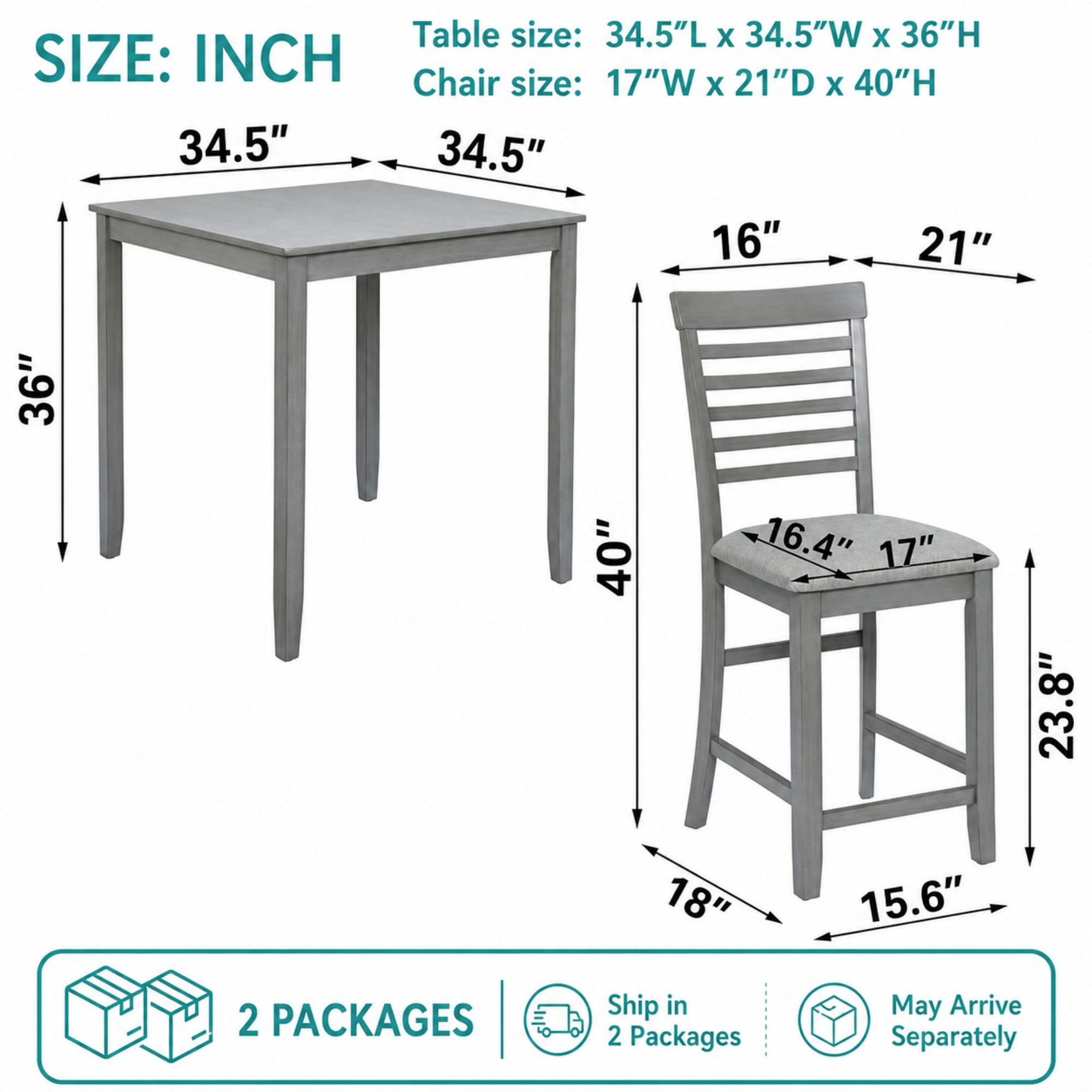 BSHTI 34.5" Solid Wood 5-Piece Counter Height Dining Table Set with Linen Upholstered Chairs, Ladder Back for Kitchen Dining Room（Gray）