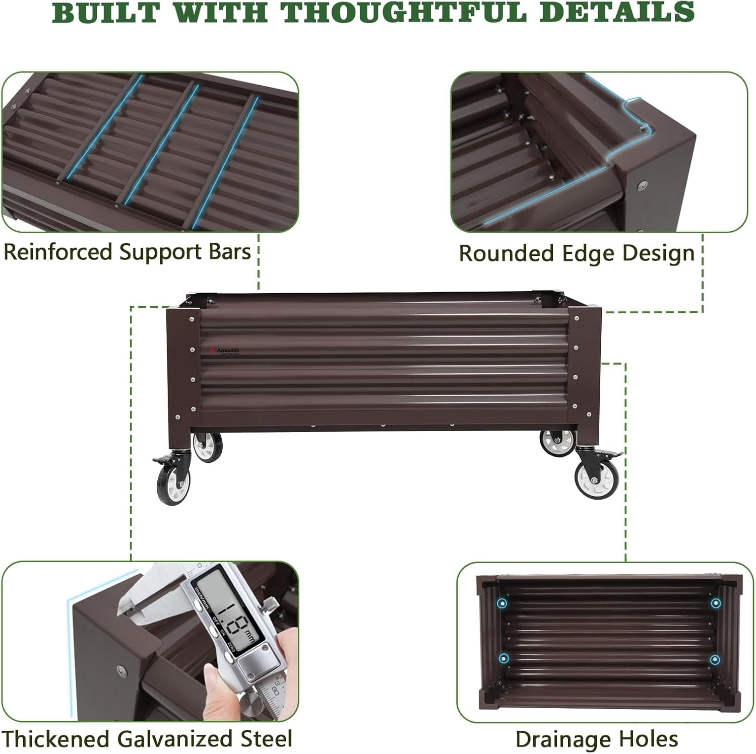 A ANLEOLIFE Low Profile Elevated Garden Bed 4ft x 2ft - 22in Raised Planter Box with Legs with Stainless Steel Casters, Extra Spacious for Balcony, Patio, 600lb Capacity, CaféBronze