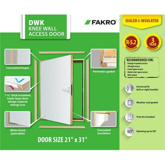 FAKRO 869479 21 x 31 in. DWK Wall Hatch Wooden Insulated Access Door, White
