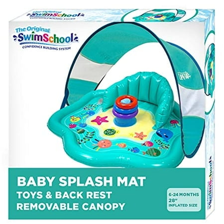 SwimSchool Baby Splash Play Mat Seat, Inflatable Pool for Babies & Infants with Backrest and Canopy, Includes Three Stackable Ring Baby Water Toys (SSI11261Z)