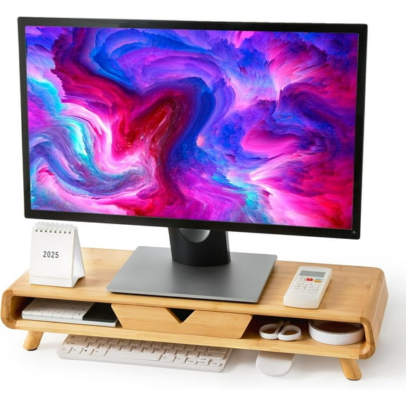 Bamboo monitor stand, no assembly required, exquisite monitor stand with drawer