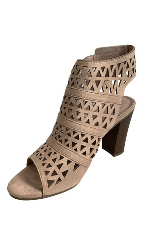 Hush-03 Women's Perforated Block Heel Dressy Sandals Trendy Open Toe Mule BEIGE 6.5