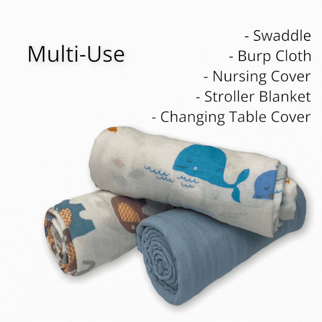 Simple Baby Essentials | Soft Bamboo Muslin Cotton Swaddles - Receiving Blankets | Baby Shower Gift | 3 Pack Large 47'x47' Absorbent Breathable | Boy Light Blue Whale Elephant, Crib