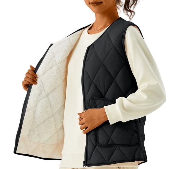 Women's Fleece Lined Sleeveless Vest Jacket, Stand Collar, Black, Size L