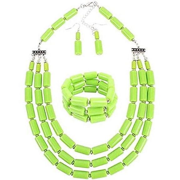 Multi Layer Handmade Bead Strand Cluster with Necklace Bracelet and Earrings Set for Women Lady Acrylic Beads Statement Strand Necklaces