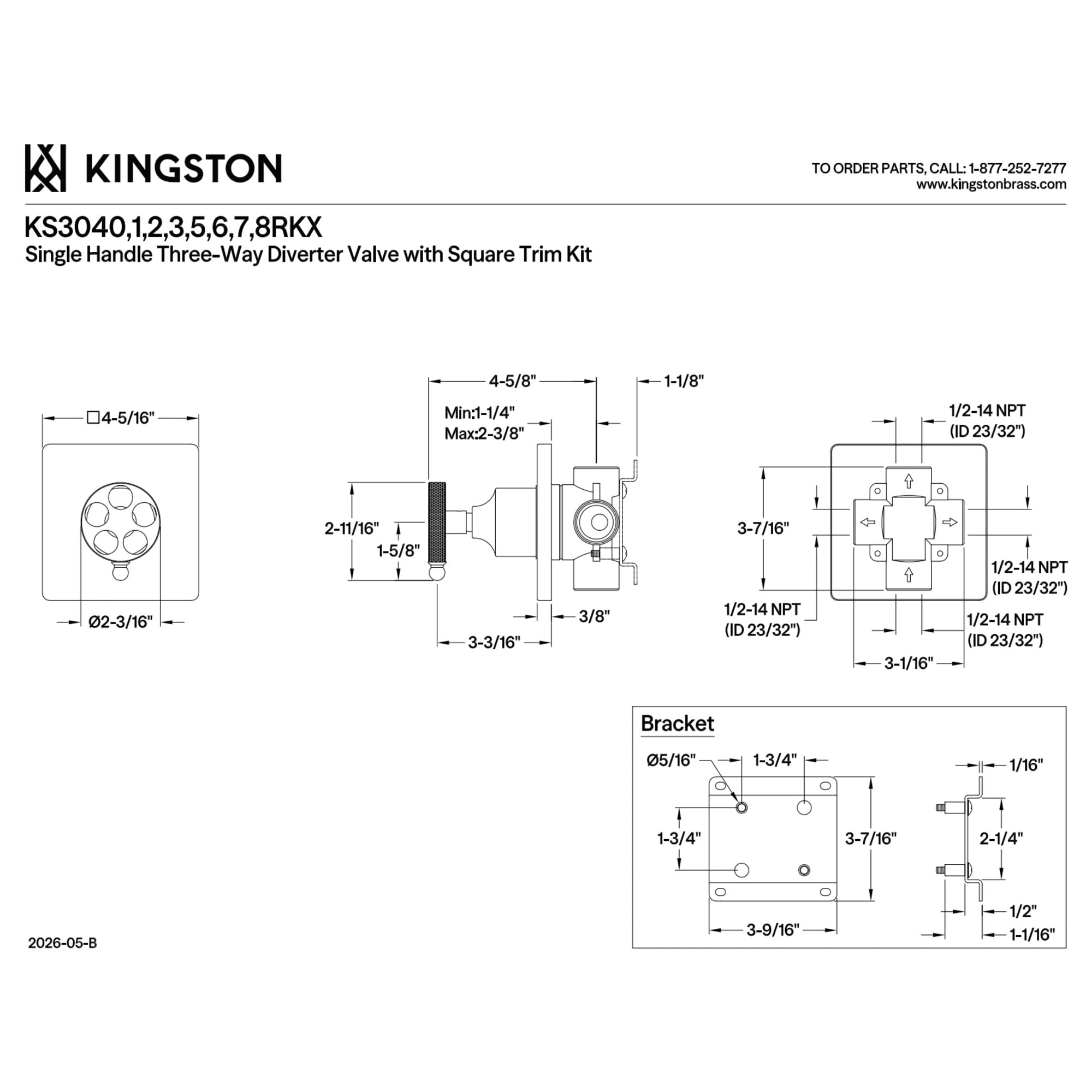 Kingston Brass KS3043RKX Webb Single-Handle Three-Way Diverter Valve with Square Trim Kit in Antique Brass