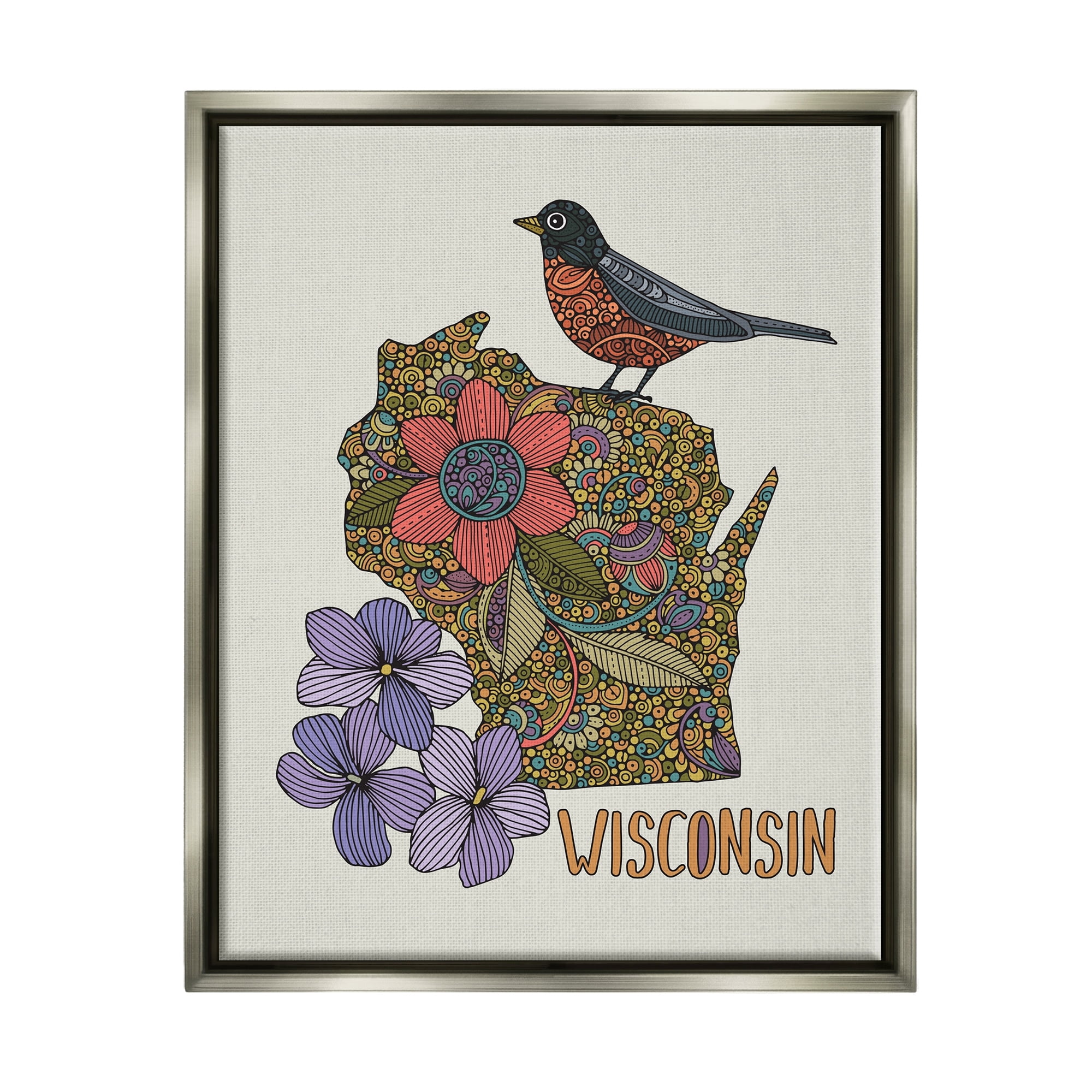 Stupell Industries Intricate Wisconsin Robin State Flower Pattern Design Graphic Art Luster Gray Floating Framed Canvas Print Wall Art, Design by Valentina Harper
