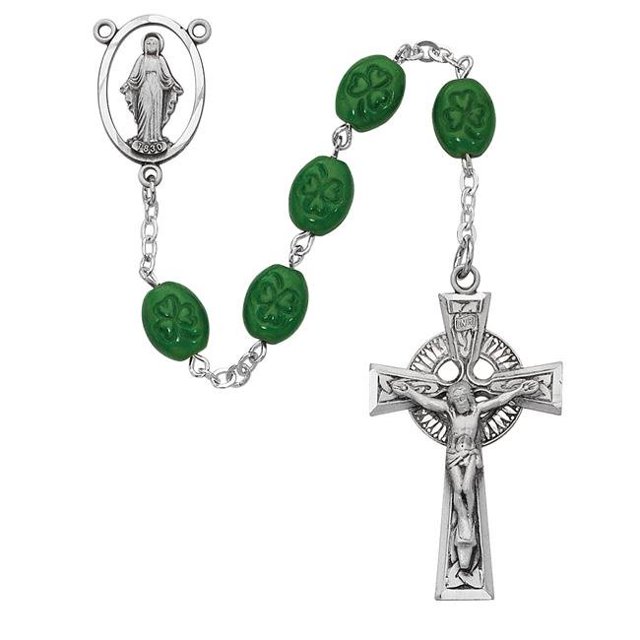 120D-F 6 x 8 mm Oval Irish Cross & Rosary Set - Green & Shamrock