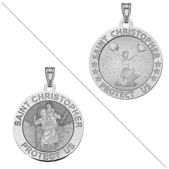 Cheerleader - Saint Christopher Doubledside Sports Religious Medal  1 Inch Sterling Silver