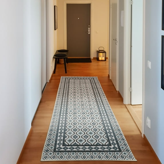 Ethnic Decorative Rug, Traditional Abstract Tribal Art Pattern Wavy Look Oriental Ornaments, Quality Carpet for Bedroom Dorm and Living Room, 6 Sizes, Blue Grey, by Ambesonne