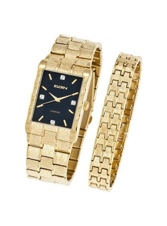 Elgin Adult Male Analog Metal Bracelet Watch Set in Gold with 4 Diamonds (FG9031ST)