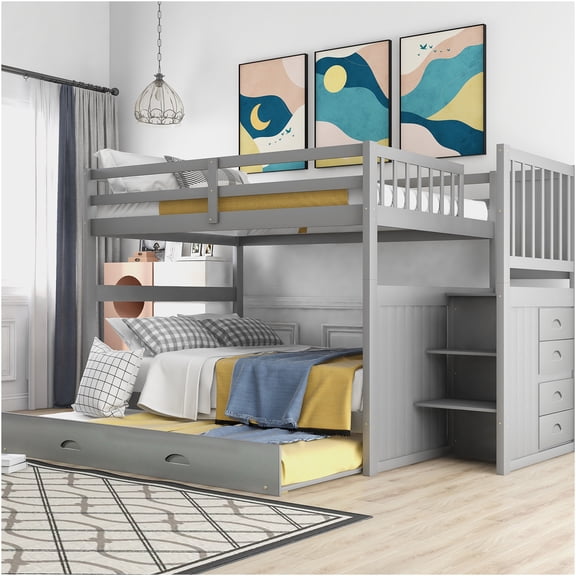 JERFIT Full over Full Bunk Bed with Twin Trundle and Storage Drawers, Gray Solid Wood Bunk Bed for Space Saving