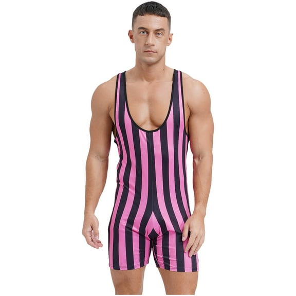 Alvivi Men's One Piece Striped Jumpsuit Swimsuit Stretchy Wrestling Singlet Rompers Bodysuit Hot Pink XL