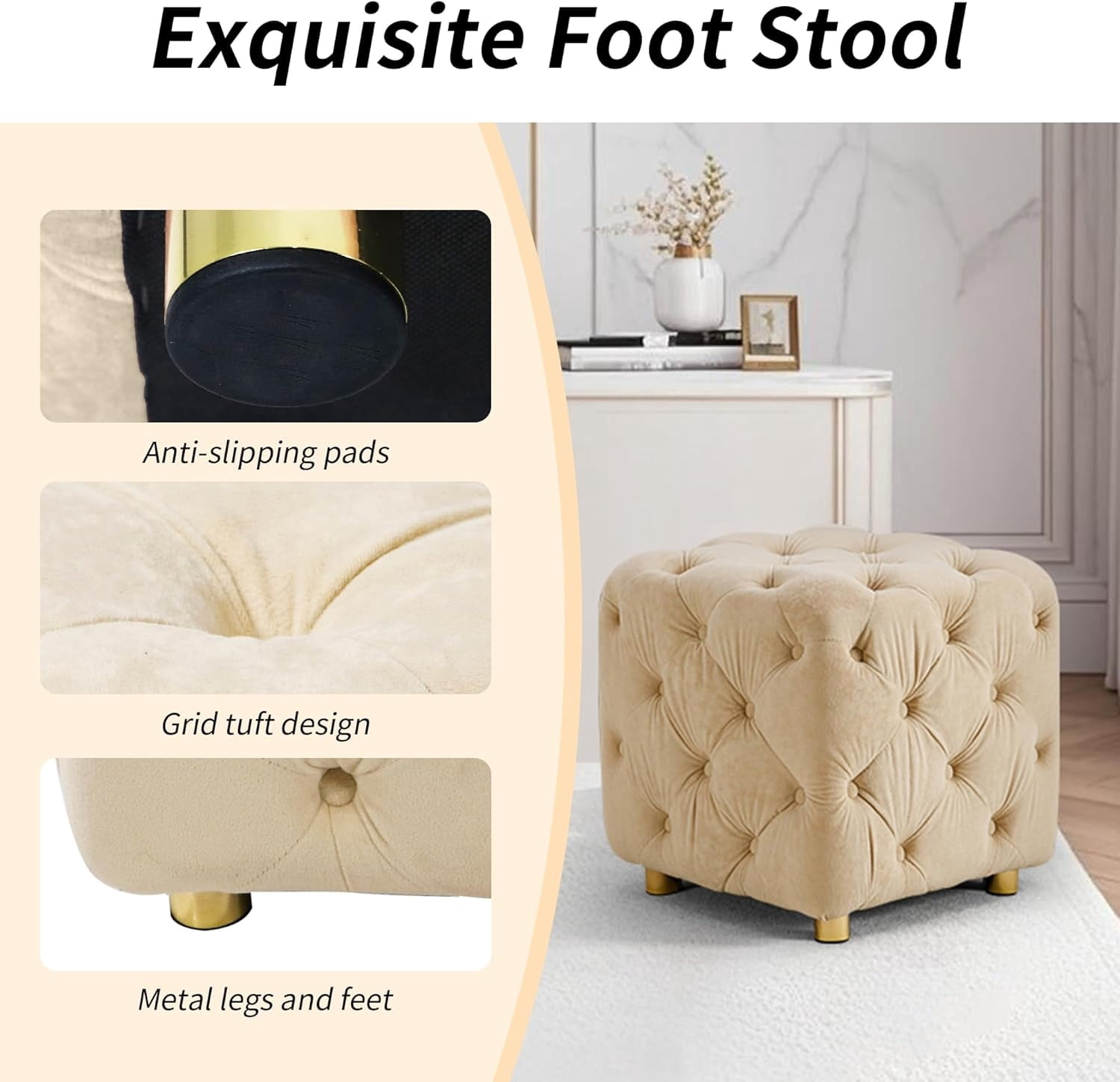 LEHZROAJ Button Tufted Velvet Vanity Stool with Metal Legs, Modern Makeup Ottoman, Upholstered Foot Rest Footstool for Living Room Bedroom （Beige）