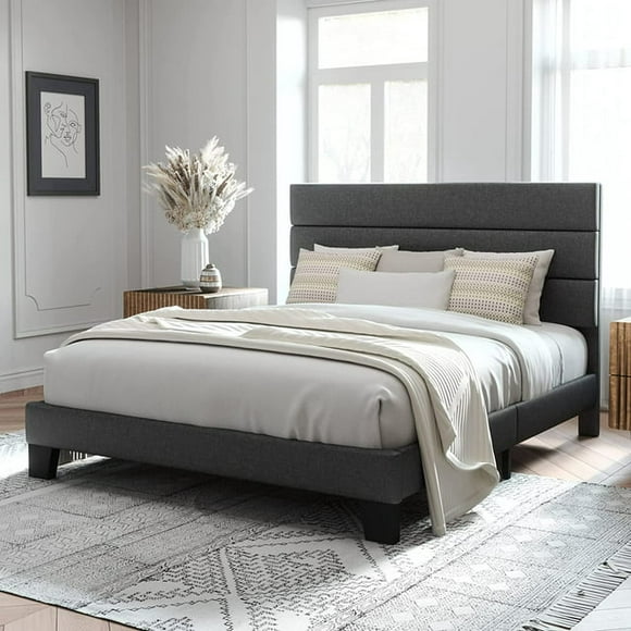 Allewie Full Size Platform Bed Frame with Fabric Upholstered Headboard, Dark Grey