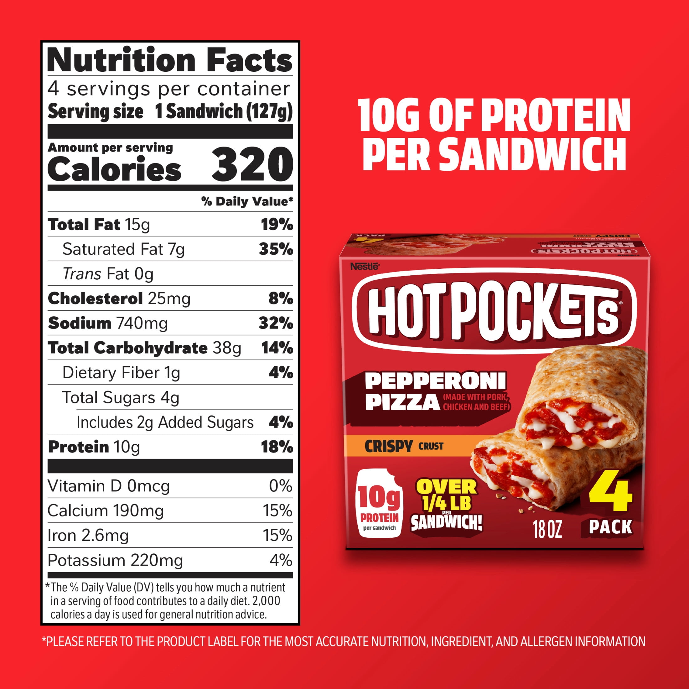 Hot Pockets Frozen Snacks Pepperoni Pizza, Crispy Crust Sandwiches, 18 oz, 4 pack (Frozen)