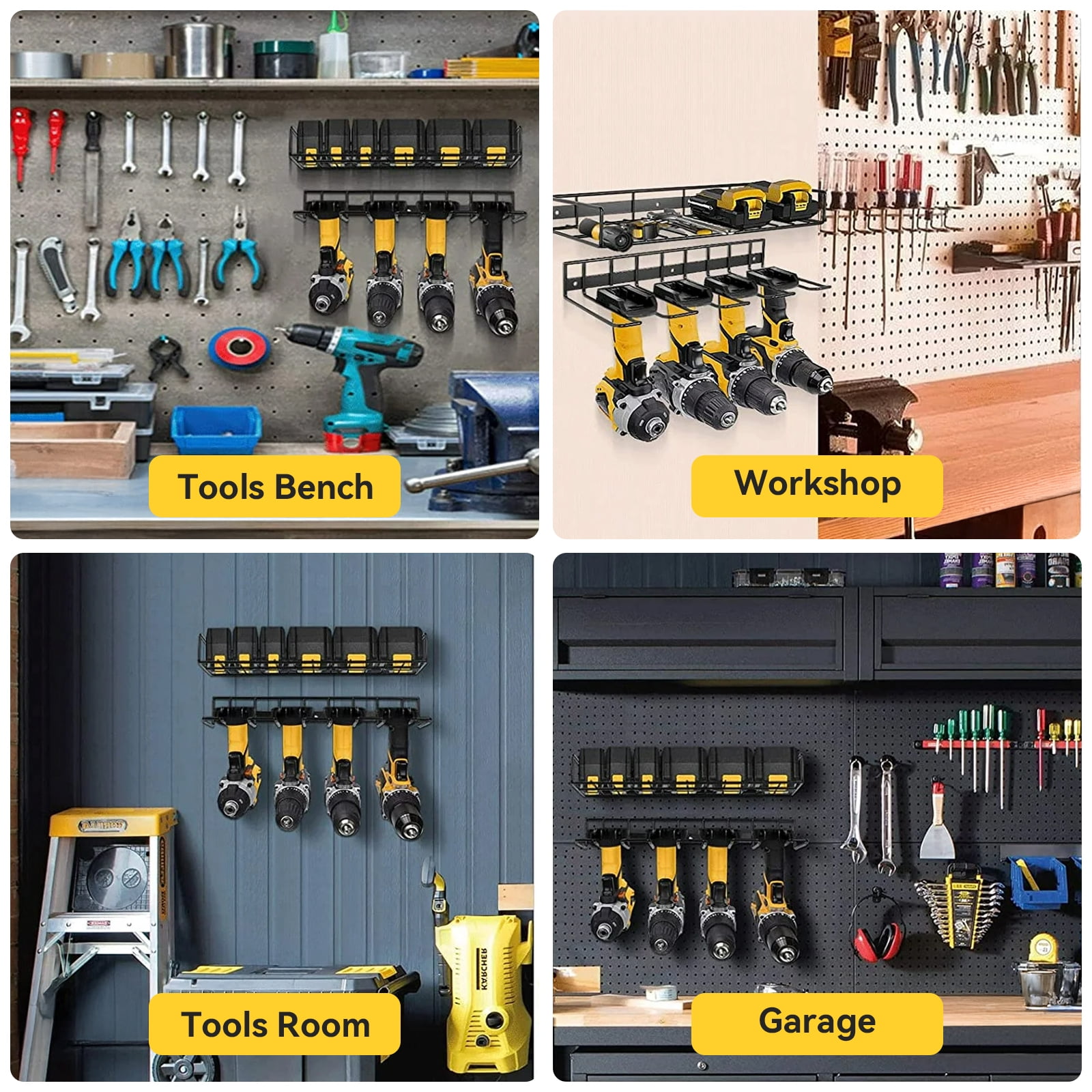 Power Tool Organizer 2 Layers Storage Rack 4 Drill Holders Garage Storage Shelving Wall Mounted