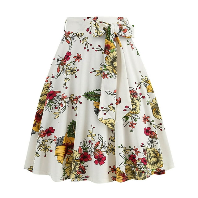 Aayomet Jupe Femme Rétro Décontractée Mode Imprimé Floral Ceinture Bretelles Jupe (Blanc, P)