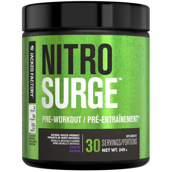 NITROSURGE Pre Workout Supplement - Endless Energy, Instant Strength Gains, Clear Focus, Intense Pumps - Nitric Oxide Booster & Preworkout Powder with Beta Alanine - 30 Servings, Grape