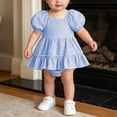 thumbnail image 5 of Fesfesfes Baby Toddler Girls Plaid Puff Sleeve Romper Dress with Bow Headband, Cute Summer Short Sleeve Onesie Bodysuit Outfit for Daily Wear Kids 0-18 Months Old., 5 of 9
