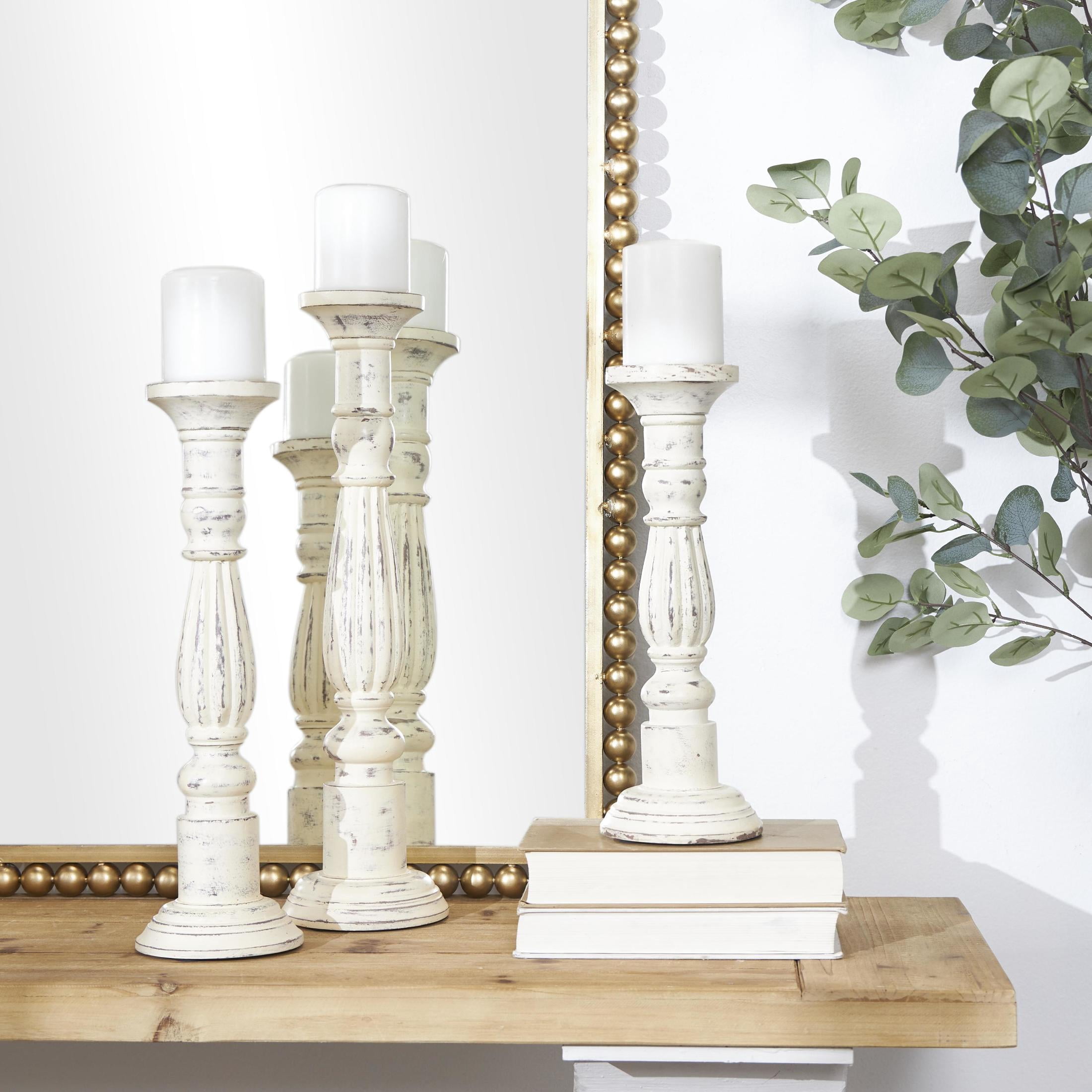 DecMode 3 Candle White Mango Wood Tall Distressed Turned Candle Holder, Set of 3