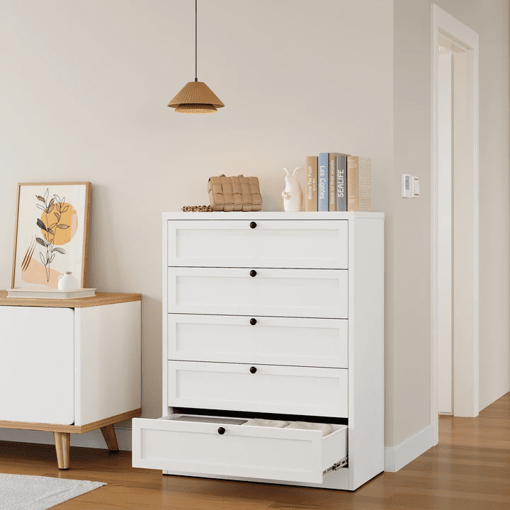 STANI 5 Drawer Dresser Storage for Bedroom, Metal Chest of Drawers Tall White Closet Organizers and Storage Clothes, 41" H Accent Storage Cabinet for Living Room, Entryway, Hallway