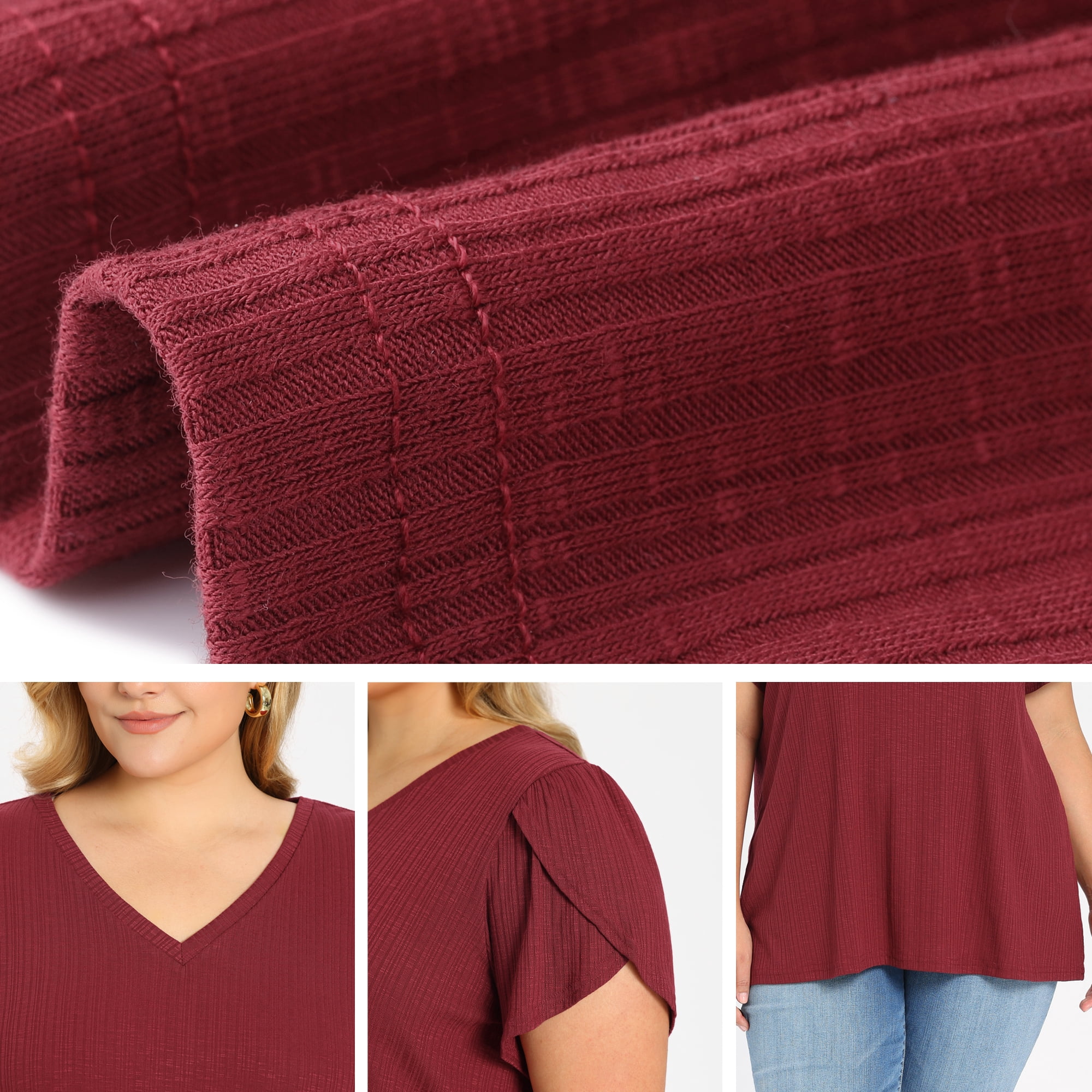 DARING DIVA Women's Plus Tulip Sleeve V Neck T Shirts Basic Blouses 4X Burgundy